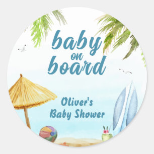 Sticker Rond Summer Beach Ocean Surboard Baby shower