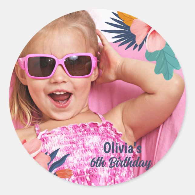Sticker Rond Summer tropical luau Girl pool photo anniversaire (Devant)