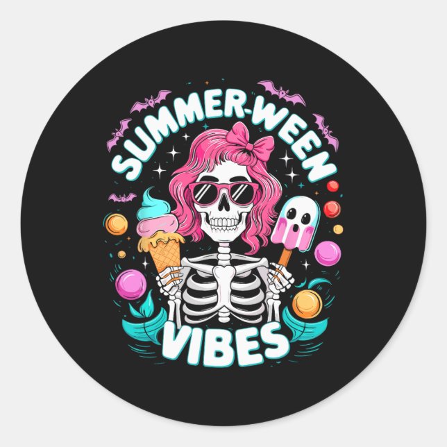 Sticker Rond Summerween Vibes Skeleton Vacances Éffrayantes Hal (Devant)