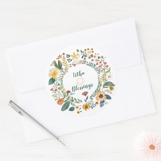 Sticker Rond Sunburst and Floral Pattern Litha (Enveloppe)