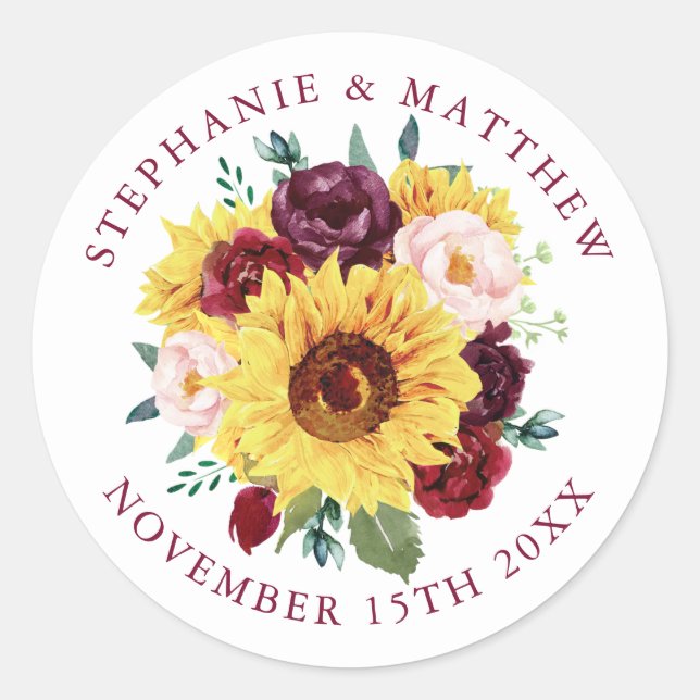 Sticker Rond Sunflower Bourgogne Floral Mariage (Devant)