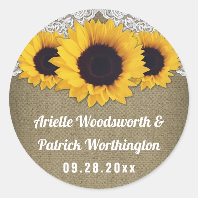 Sticker Rond Sunflower Burlap et mariage dentelle Faveur (Devant)