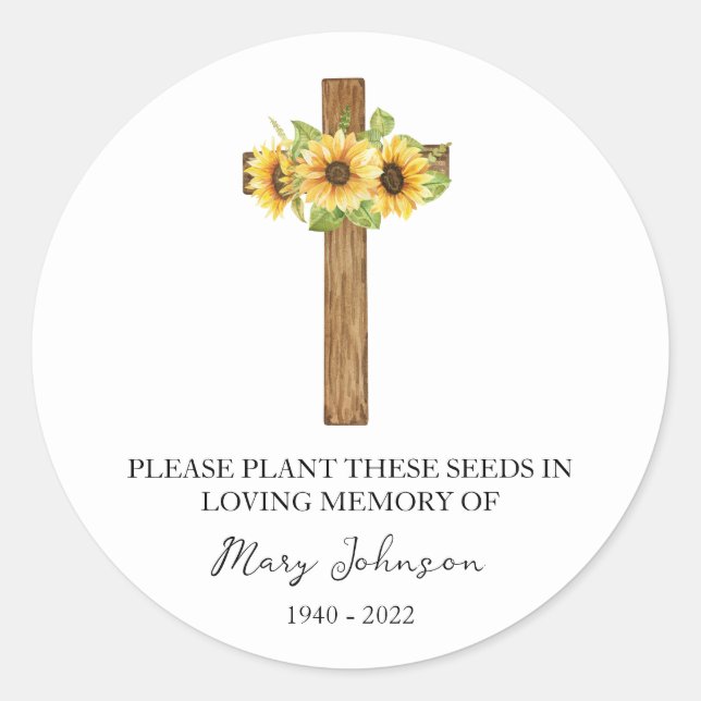 Sticker Rond Sunflower Cross Memorial Funeral Seed Packet (Devant)