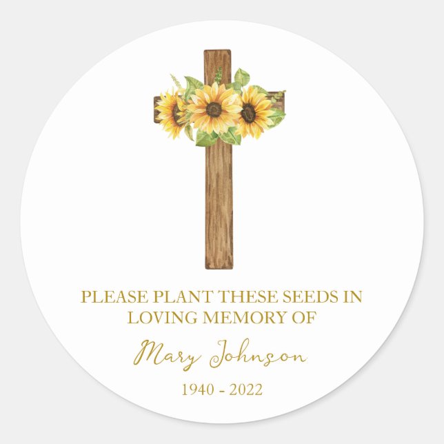 Sticker Rond Sunflower Cross Memorial Funeral Seed Packet (Devant)