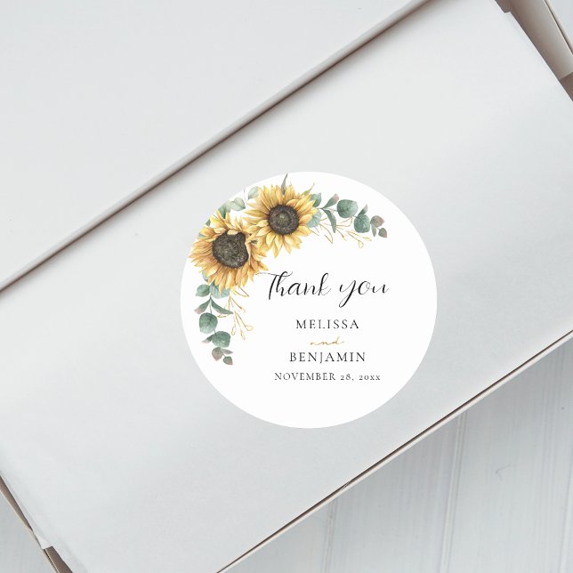 Sticker Rond Sunflower Eucalyptus Floral Mariage Favoriser (Sunflower Eucalyptus Greenery Thank You Round Sticker)