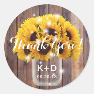 Sticker Rond Sunflower Mason Jar Rustic Barne Mariage Merci