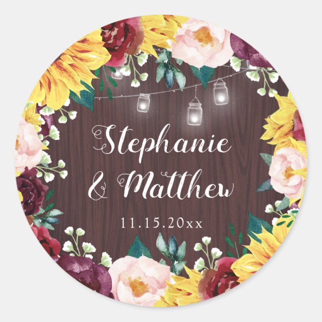 Sticker Rond Sunflower Mason Jars Bois Bourgogne Mariage (Devant)
