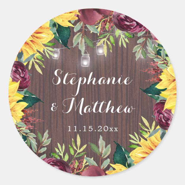 Sticker Rond Sunflower Mason Jars Lights Floral Mariage (Devant)