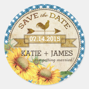Sticker Rond Sunflower Rooster Rustic Enregistrer la date Étiqu