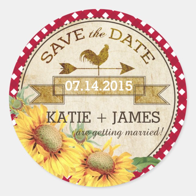 Sticker Rond Sunflower Rooster Rustic Enregistrer la date Étiqu (Devant)