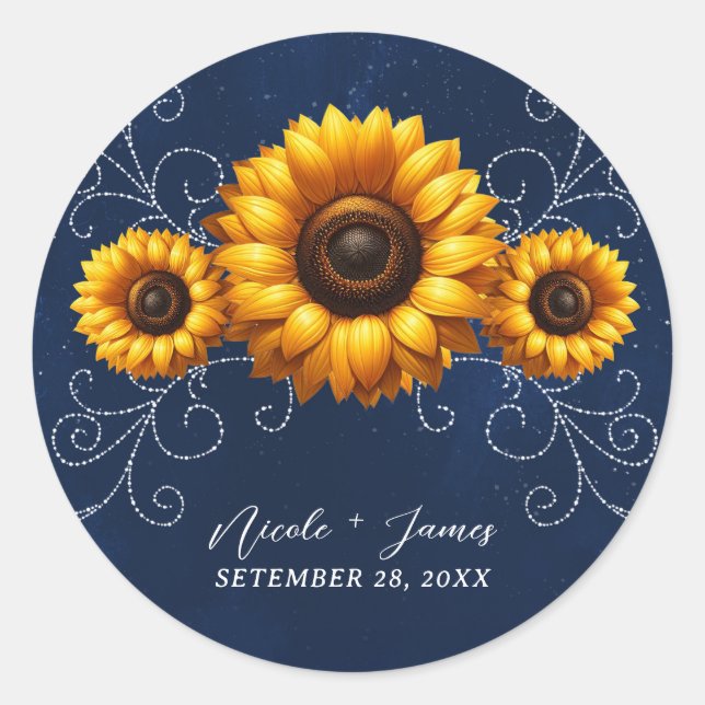 Sticker Rond Sunflower Sparkle Blue Rustic Glam Fête des mariée (Devant)