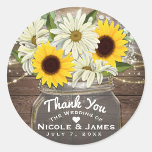 Sticker Rond Sunflowers & Daisy Mason Jar Sparkle Rustic Chic