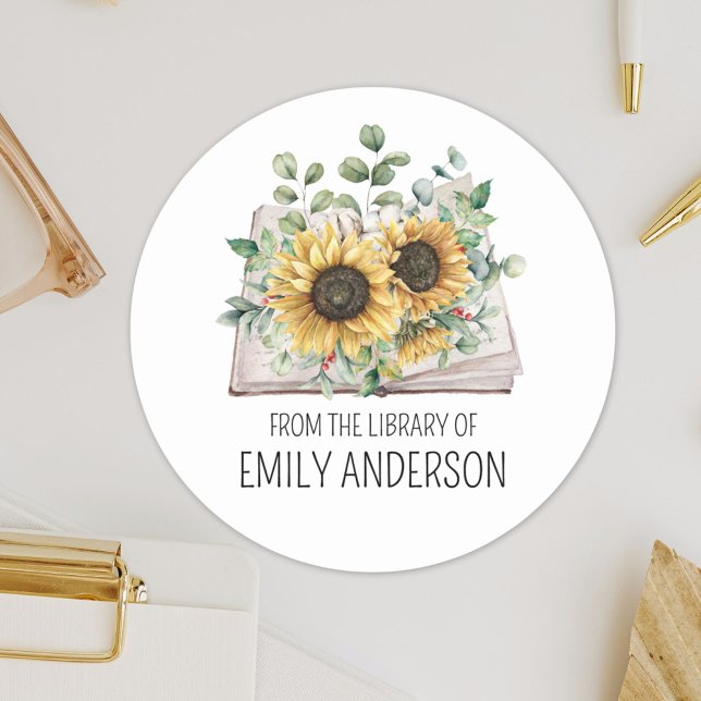 Sticker Rond Sunflowers on Book From the Library of Bookplate (Close up)