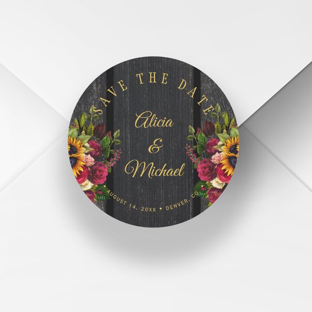 Sticker Rond Sunflowers rose chic grange bois mariage enregistr (Créateur téléchargé)