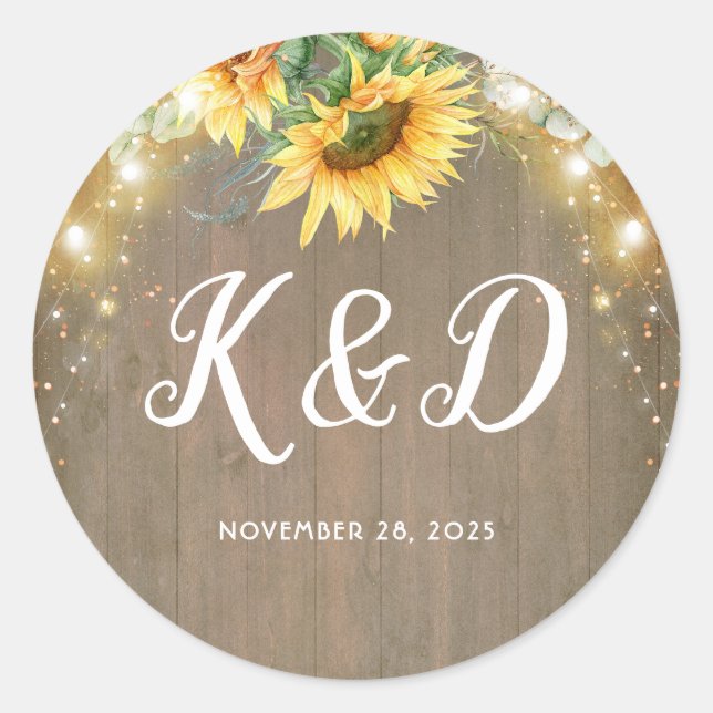 Sticker Rond Sunflowers Rustic Country String Mariage (Devant)
