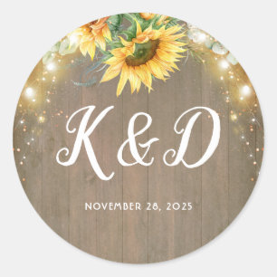 Sticker Rond Sunflowers Rustic Country String Mariage
