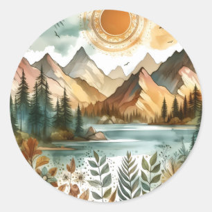 Sticker Rond Sunny Rustique Boho Nature Motif Mountain Lake