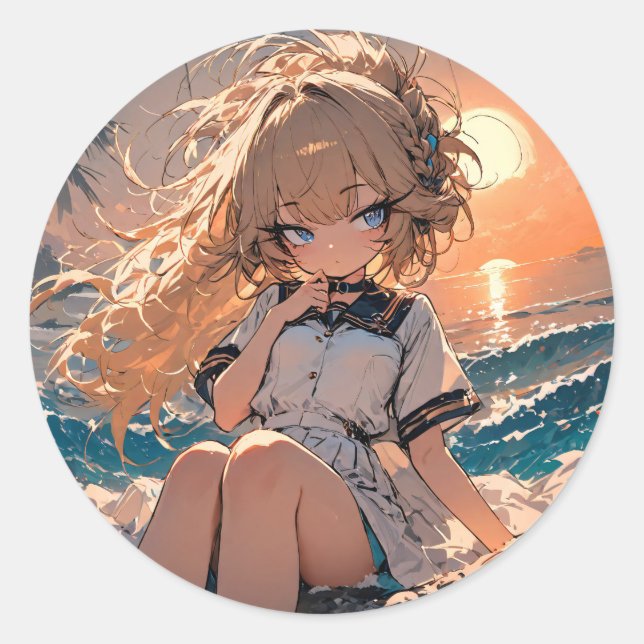 Sticker Rond Sunset Serenity : Beach Girl Art (Devant)