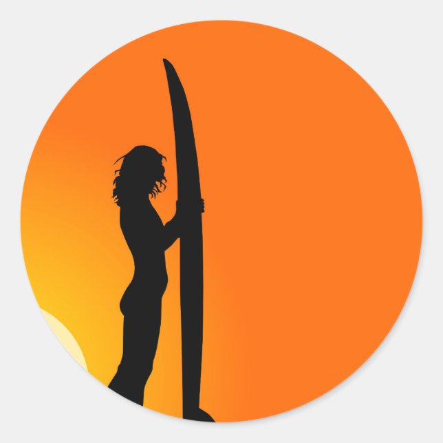 Sticker Rond Sunset Surfer Girl avec surf (Devant)