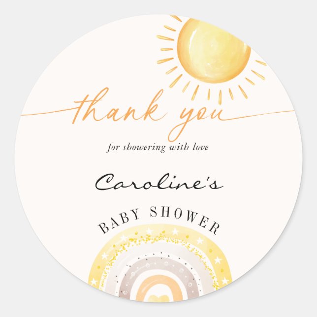 Sticker Rond Sunshine & Arc-en-ciel Merci à thème Baby shower (Devant)