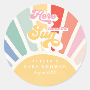 Sticker Rond Sunshine Baby shower Boho Retro Rainbow Faveurs