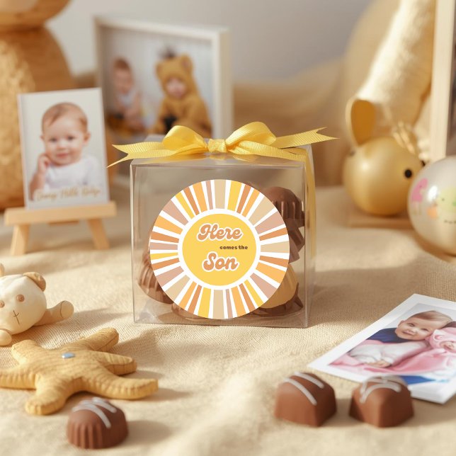 Sticker Rond Sunshine Baby Shower Boho Retro Yellow Sunshine (Créateur téléchargé)
