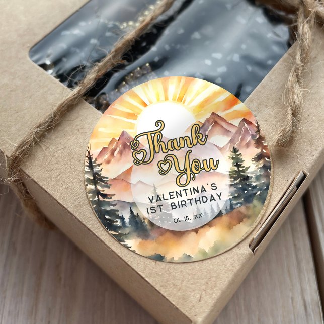 Sticker Rond Sunshine Nature Mountains Merci de fête d'annivers (Créateur téléchargé)