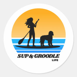 Sticker Rond SUP et Groodle - Standup Paddleboard Chien Maman