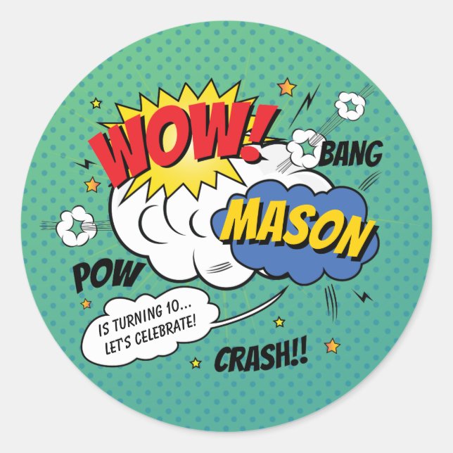 Sticker Rond Super Heroes and Villains Fête d'anniversaire des  (Devant)
