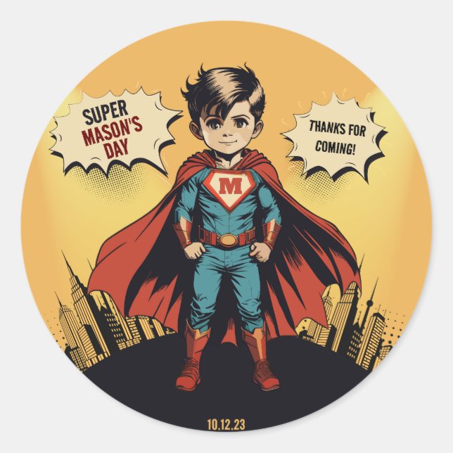 Sticker Rond Super Héros garçon d'anniversaire (Devant)