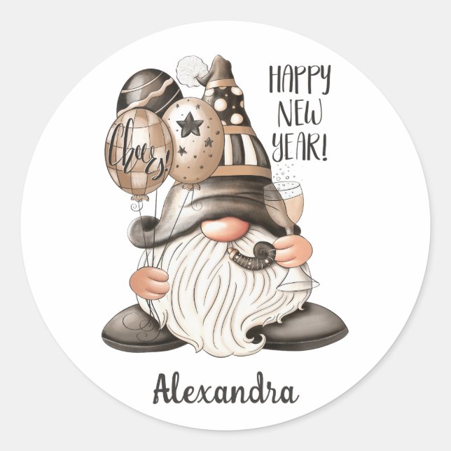 Sticker Rond Super Joyeux Nouvel An Gnome (Devant)