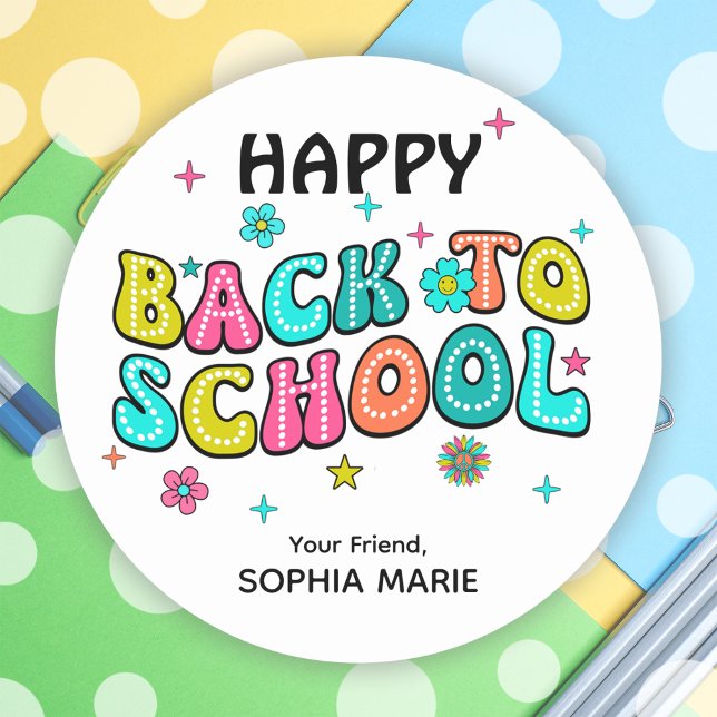 Sticker Rond Super Joyeux Retour À L'École (Groovy Happy Back To School Classic Round Sticker)