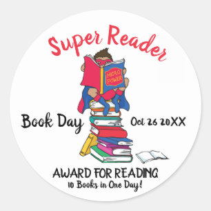 Sticker Rond Super lecteur garçon sur les livres lecture journé