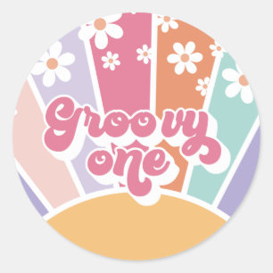 Sticker Rond Super un Sunshine rétro Rainbow Daisy
