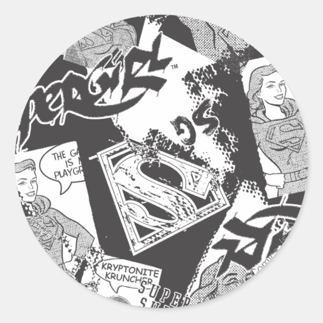 Sticker Rond Supergirl noir et blanc collage (Devant)