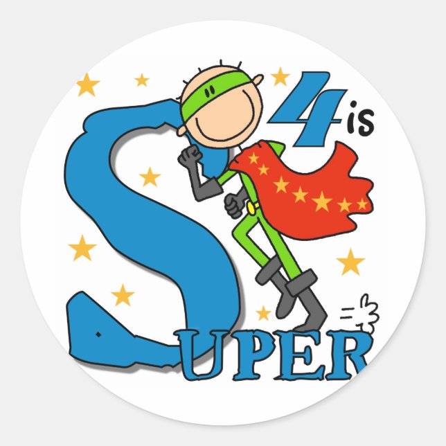 Sticker Rond Superhero Boy 4th Birthday Tshirts et cadeaux (Devant)
