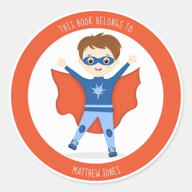 Sticker Rond Superhero Boy Ce livre appartient à Classic Round  (Devant)