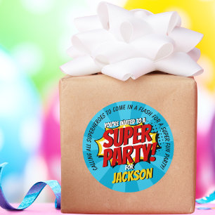 Sticker Rond Superhero Comic Style Garçon Anniversaire Bleu