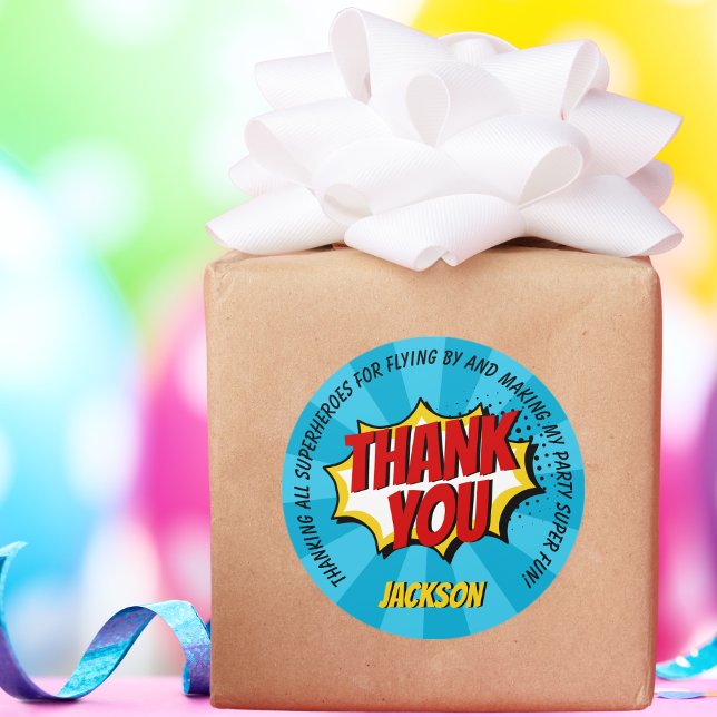 Sticker Rond Superhero Comic Style Garçon Anniversaire Merci bl (Créateur téléchargé)