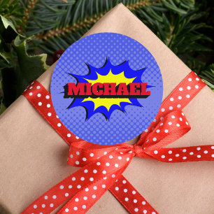 Sticker Rond Superhero Kids Comic Book Nom personnalisé