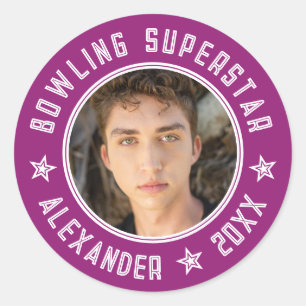 Sticker Rond Superstar Bowling Moderne Photo Nom Rose Violet