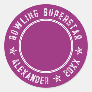 Sticker Rond Superstar bowling moderne violet rose Nom Photo