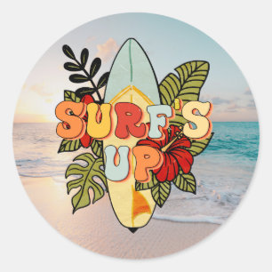 Sticker Rond Surf d'été fleurs de plage et feuilles tropicales