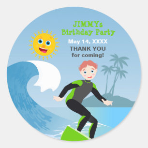 Sticker Rond Surf garçon fête d'anniversaire