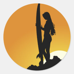 Sticker Rond Surfer fille Silhouette