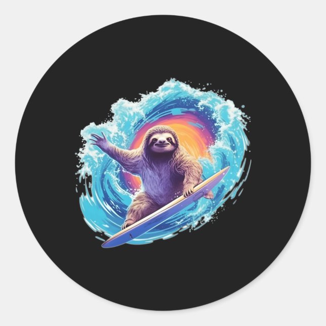 Sticker Rond Surfer Sloth Riding Vague Avec Surfboard (Devant)