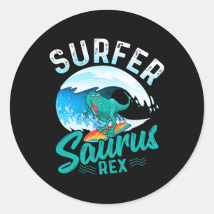 Sticker Rond Surfeur Saurus Rex Dinosaure de surf Dino Surfe