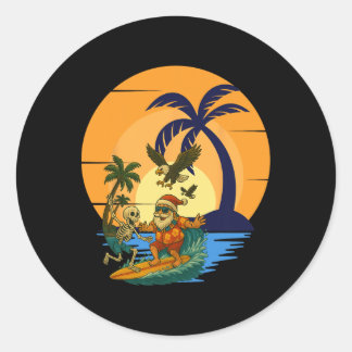 Sticker Rond Surfing Santa Toucan And Funny Skeleton Tropical C