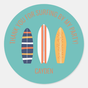 Sticker Rond surfs Up BOY Plage de surf Anniversaire Fête Favor