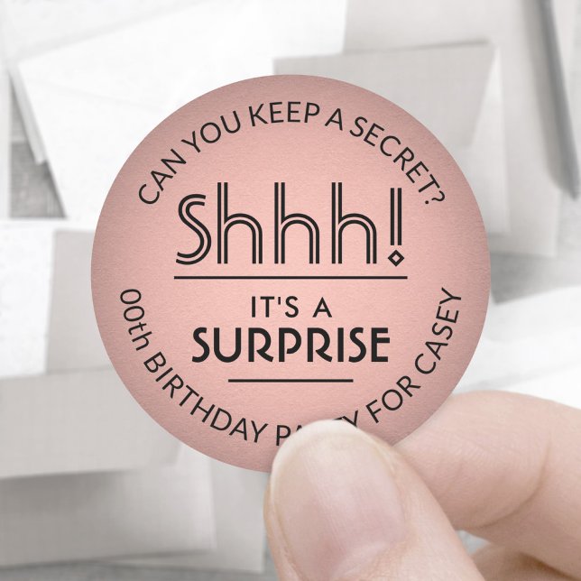 Sticker Rond Surprise fête d'anniversaire Rose Rose Gold Faux F (Créateur téléchargé)